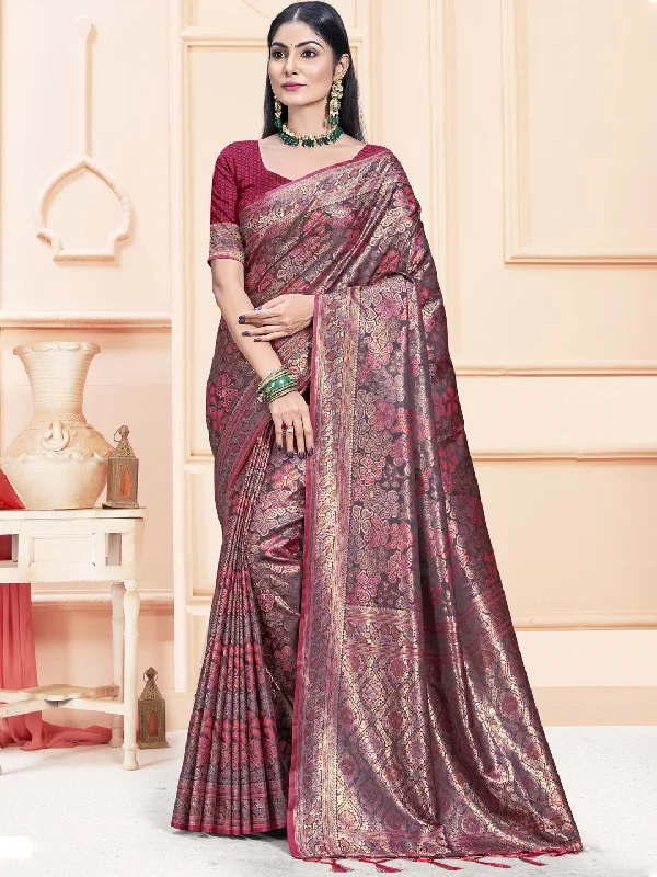 Women Magenta Satin Silk Saree With Un Stitched Blouse Casual Relaxed Blouse