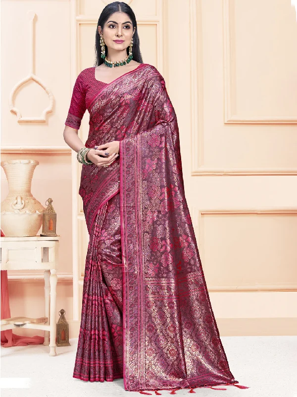 Women Rani Satin Silk Saree With Un Stitched Blouse Embellished Collar Blouse