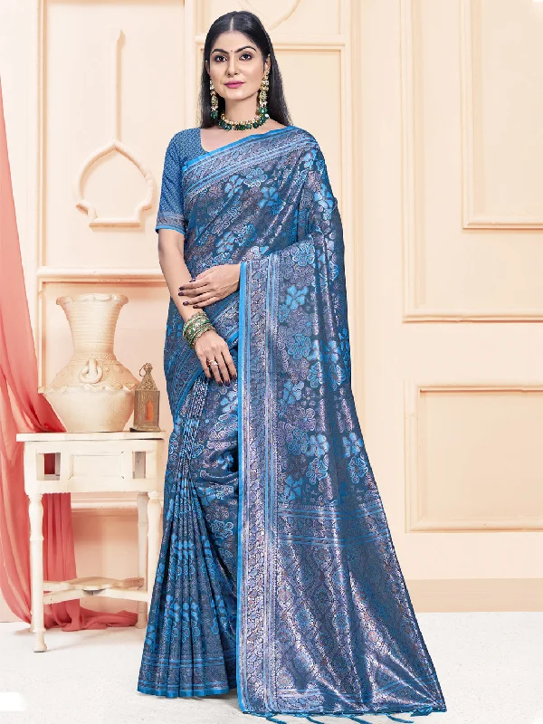 Women Blue Satin Silk Saree With Un Stitched Blouse Chic Square Blouse