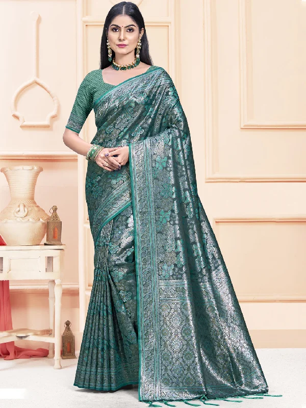 Women Rama Satin Silk Saree With Un Stitched Blouse Lightweight Linen Blouse
