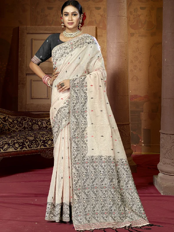 Women Cream Cotton Saree With Un Stitched Blouse Classic Minimalist Blouse