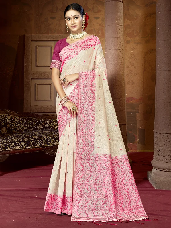 Women Cream Cotton Saree With Un Stitched Blouse Lightweight Floral Blouse