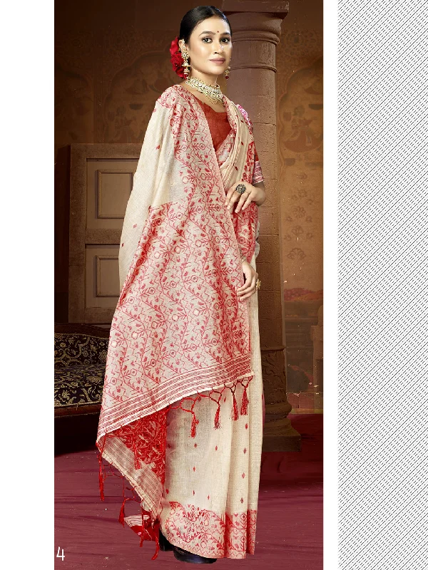 Women Cream Cotton Saree With Un Stitched Blouse Side Tie Blouse