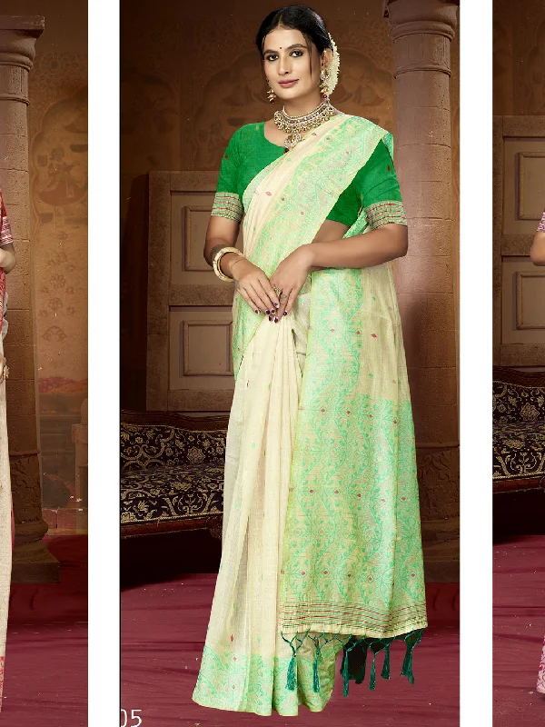 Women Cream Cotton Saree With Un Stitched Blouse Elegant Peplum Blouse