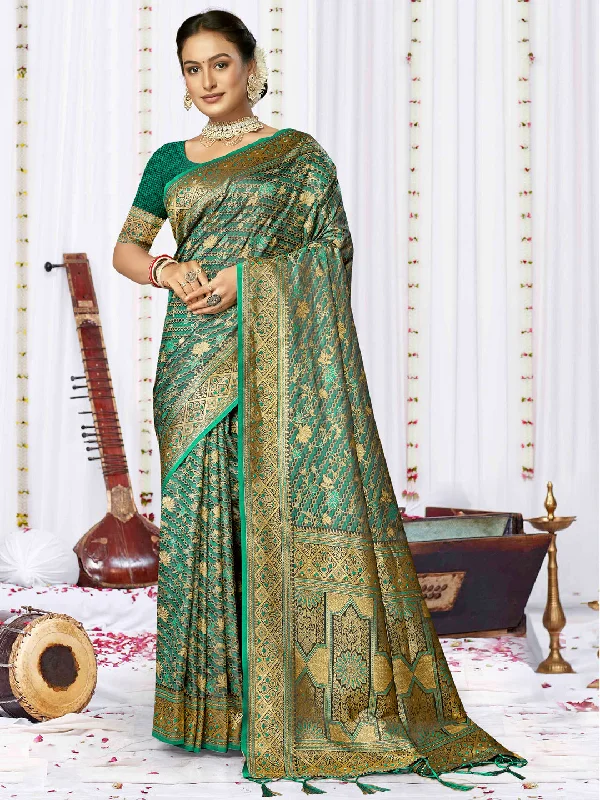 Women Teal Blue Satin Silk Saree With Un Stitched Blouse Gathered Detail Blouse
