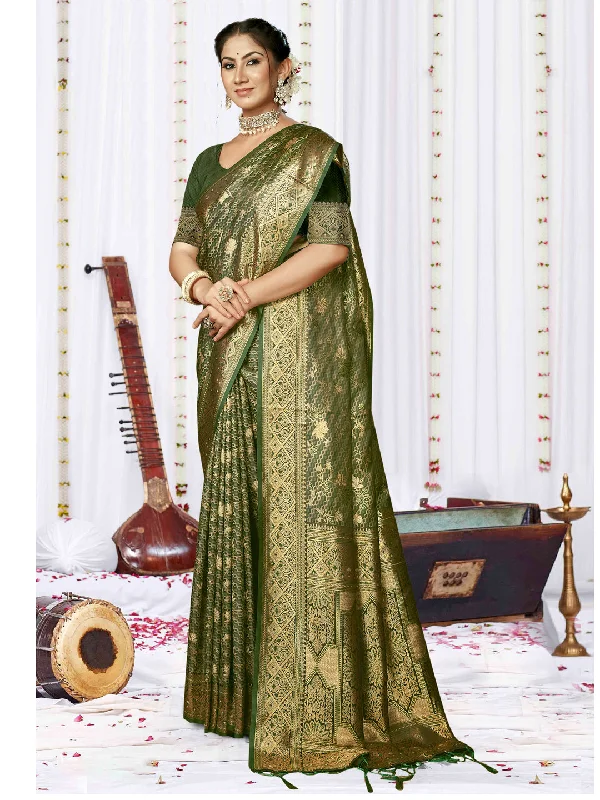 Women Green Satin Silk Saree With Un Stitched Blouse Silky Tunic Blouse