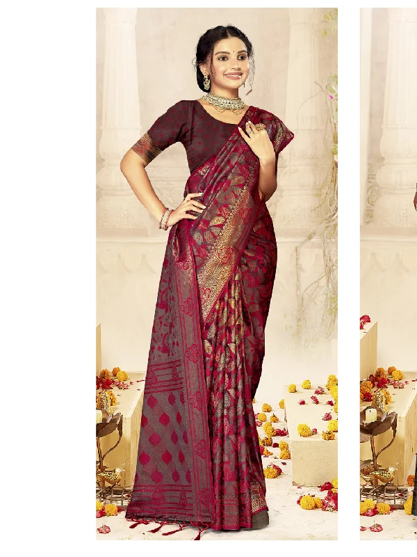 Women Purple Satin Silk Saree With Un Stitched Blouse Playful Puff Blouse
