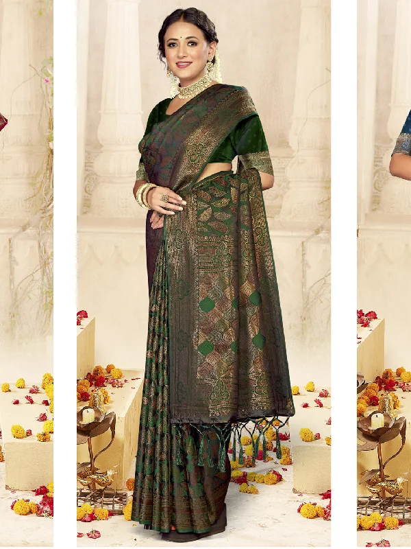 Women Bottle Green Satin Silk Saree With Un Stitched Blouse Elegant Embroidery Blouse