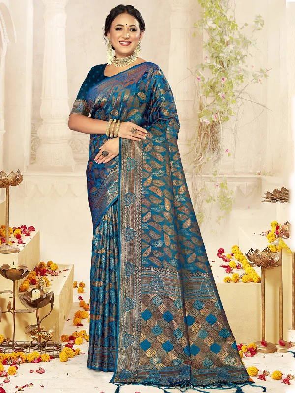 Women Blue Satin Silk Saree With Un Stitched Blouse Everyday Stylish Blouse