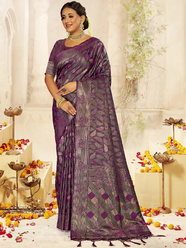 Women Lavender Satin Silk Saree With Un Stitched Blouse Floral Chiffon Blouse