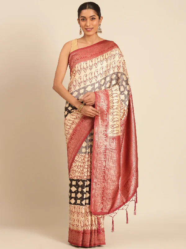 Women Cream Silk Saree With Un Stitched Blouse Lightweight Linen Blouse