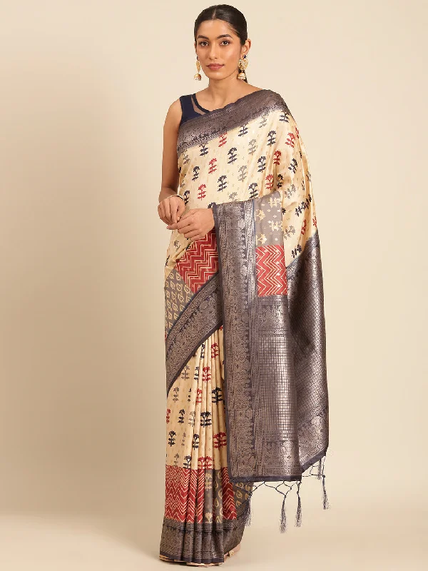Women Cream Silk Saree With Un Stitched Blouse Feminine Puff Blouse