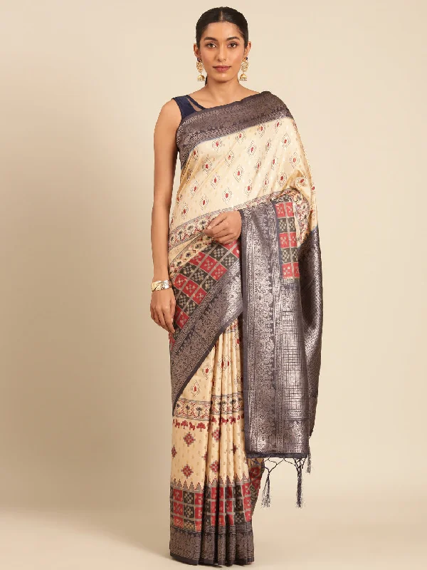 Women Cream Silk Saree With Un Stitched Blouse High Neck Blouse