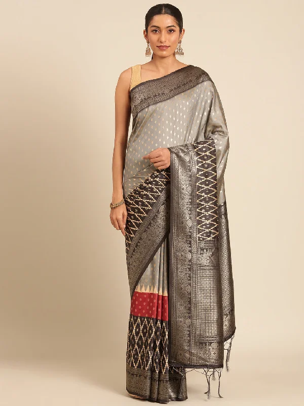 Women Grey Silk Saree With Un Stitched Blouse Elegant Office Blouse