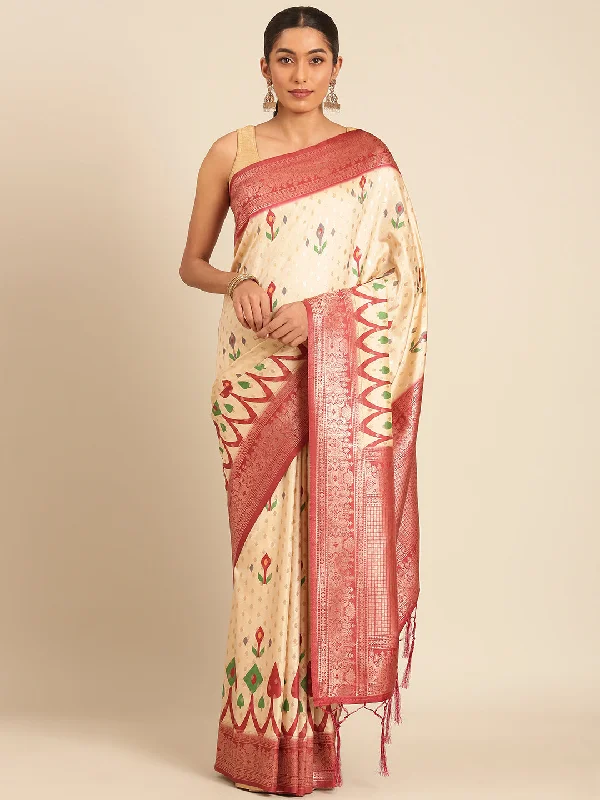 Women Cream Silk Saree With Un Stitched Blouse Elegant Lace Blouse