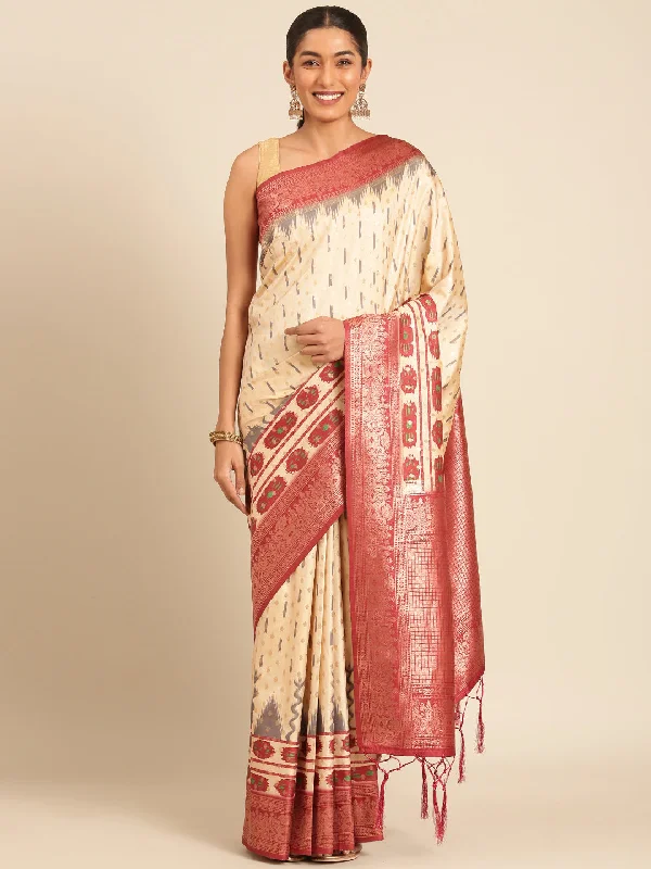 Women Cream Silk Saree With Un Stitched Blouse Bell Sleeve Blouse