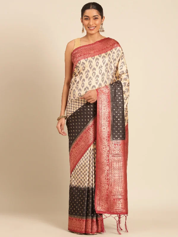 Women Cream Silk Saree With Un Stitched Blouse Vintage Polka Blouse