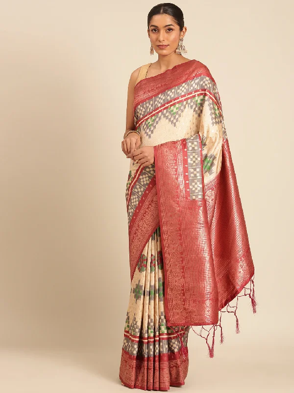 Women Cream Silk Saree With Un Stitched Blouse Pastel Color Blouse
