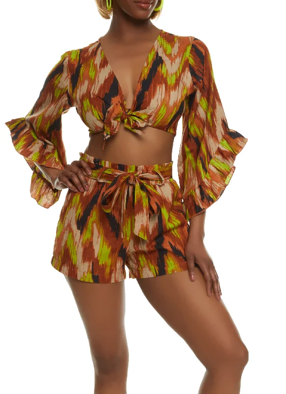Linen Printed Tie Front Bell Sleeve Blouse Casual Relaxed Blouse