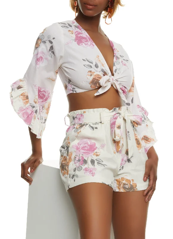 Linen Printed Tie Front Bell Sleeve Blouse Asymmetric Hem Blouse