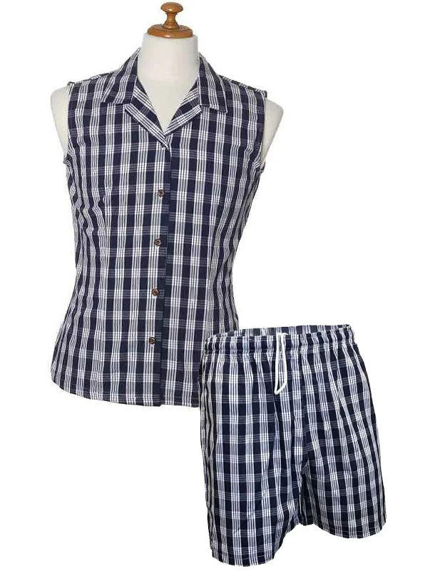 Navy Women Capri Palaka Set Blouse and Shorts Backless Summer Blouse