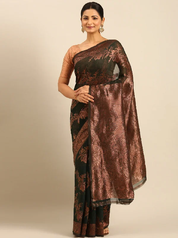 Women Bottle Green Cotton Saree With Un Stitched Blouse Slim Fit Blouse