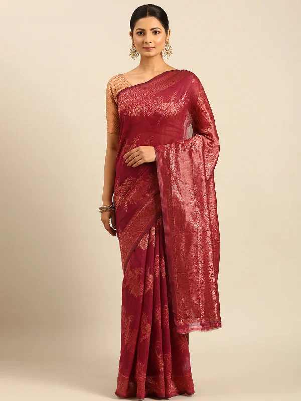 Women Magenta Cotton Saree With Un Stitched Blouse Sheer Mesh Blouse