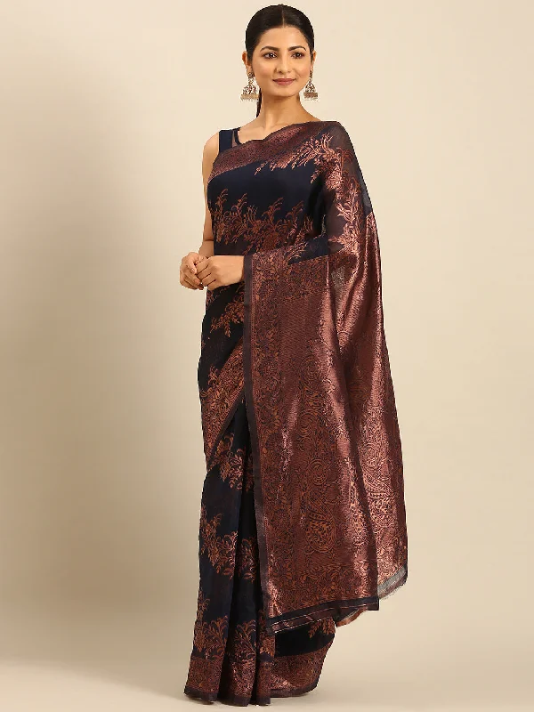 Women Navy Blue Cotton Saree With Un Stitched Blouse Pleated Collar Blouse