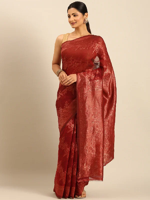 Women Red Cotton Saree With Un Stitched Blouse Drape Neck Blouse