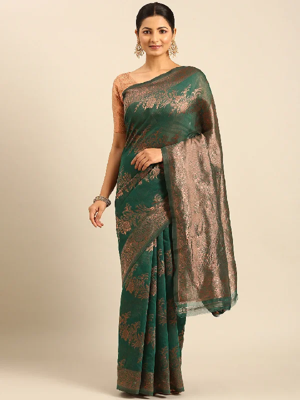 Women Green Cotton Saree With Un Stitched Blouse Feminine Tie Blouse