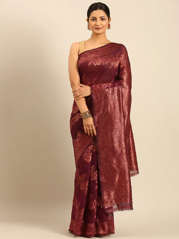 Women Purple Cotton Saree With Un Stitched Blouse Loose Fit Blouse
