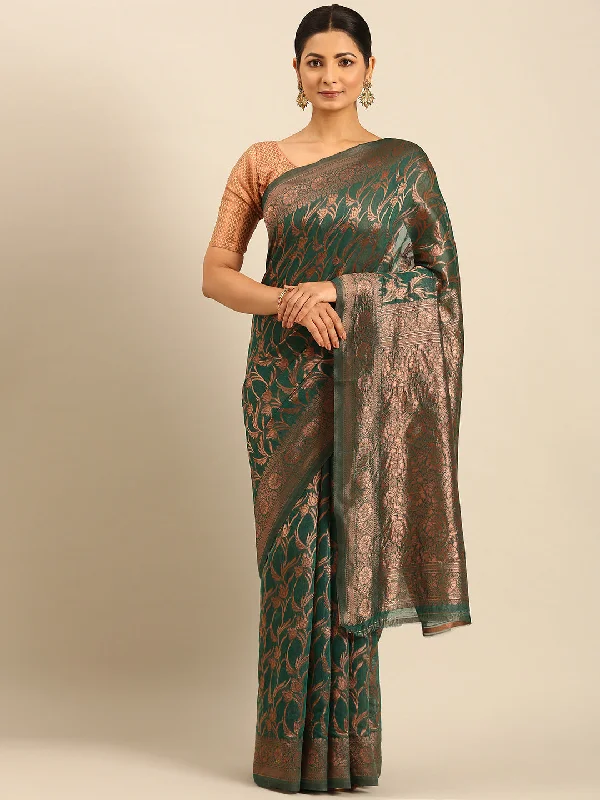 Women Green Cotton Saree With Un Stitched Blouse Sleeveless Summer Blouse