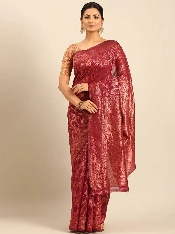 Women Magenta Cotton Saree With Un Stitched Blouse Vintage Lace Blouse