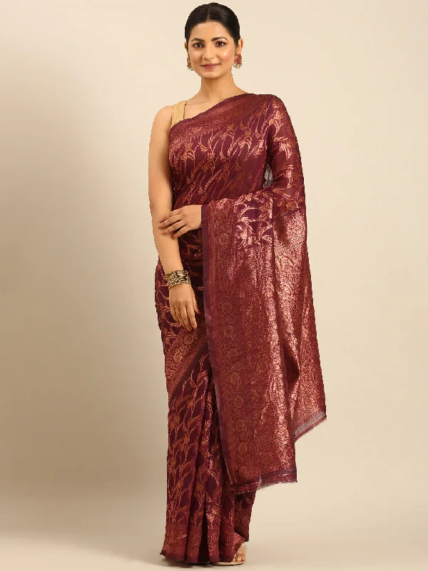 Women Purple Cotton Saree With Un Stitched Blouse Soft Satin Blouse