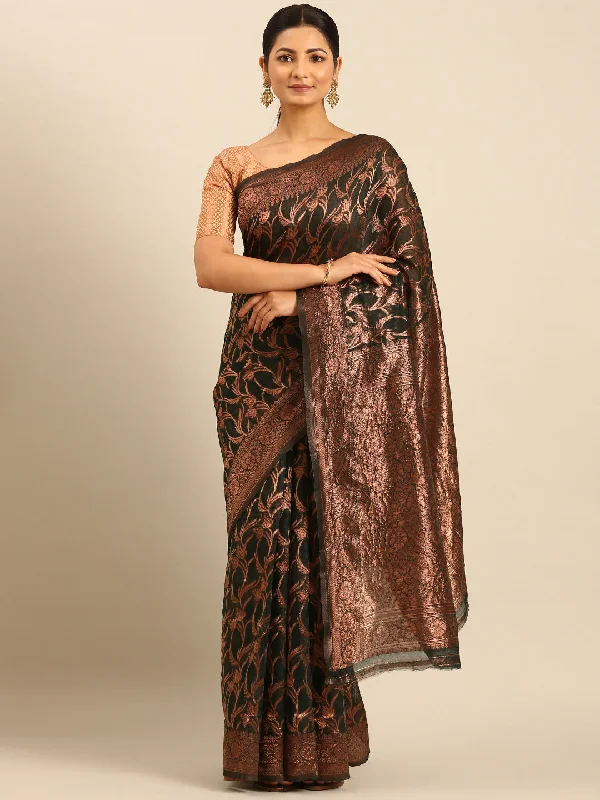 Women Bottle Green Cotton Saree With Un Stitched Blouse Floral Print Blouse