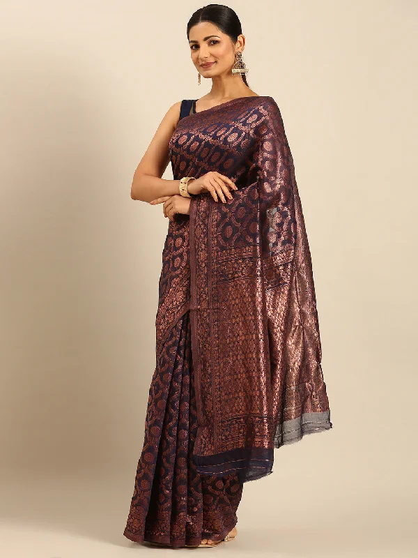 Women Navy Blue Cotton Saree With Un Stitched Blouse Airy Cotton Blouse