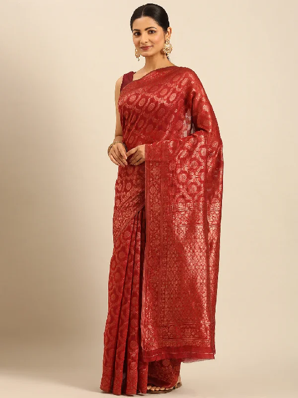 Women Red Cotton Saree With Un Stitched Blouse Everyday Stylish Blouse