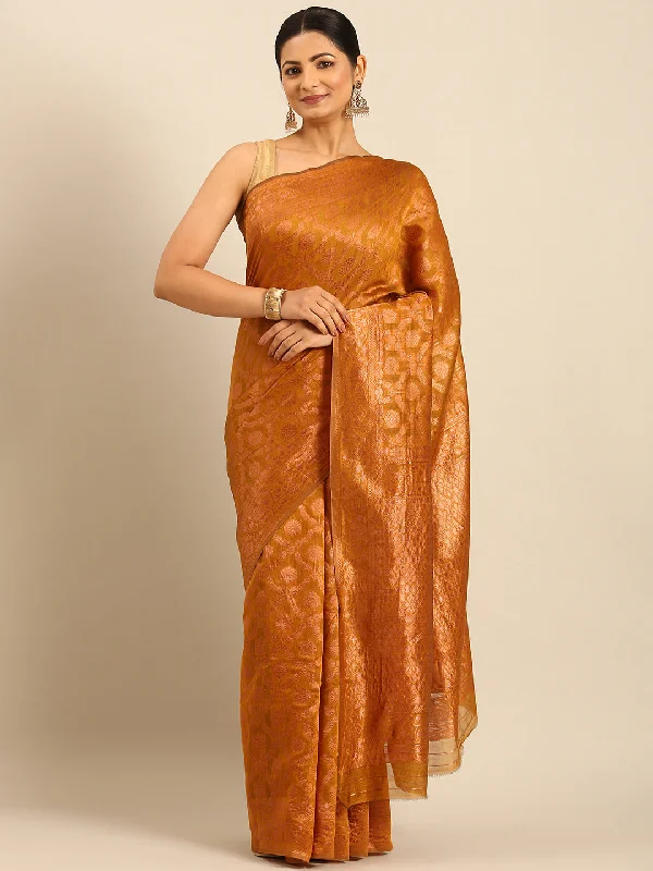 Women Mustard Cotton Saree With Un Stitched Blouse Floral Chiffon Blouse