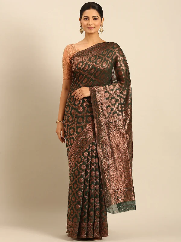 Women Dark Green Cotton Saree With Un Stitched Blouse Casual Relaxed Fit Blouse