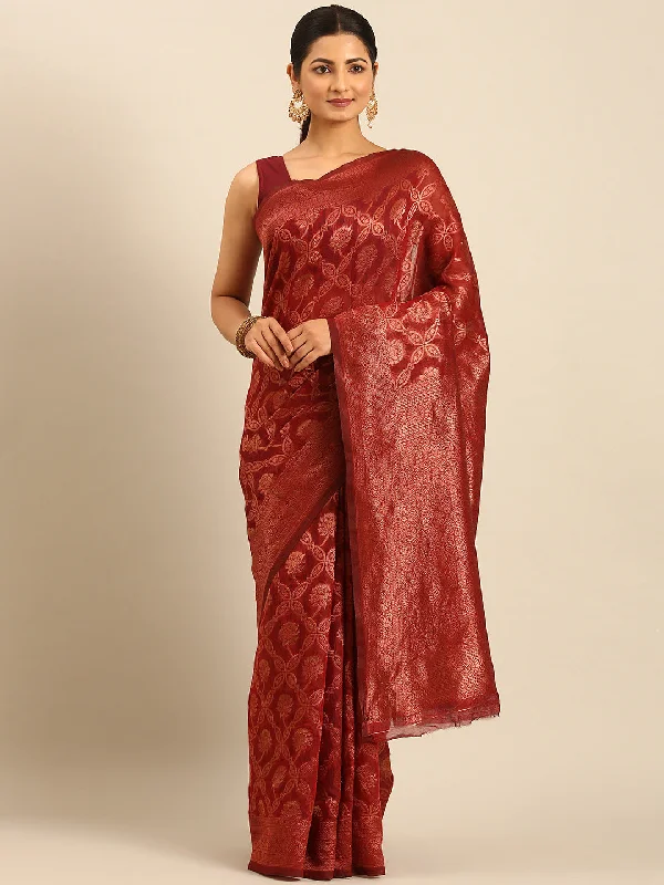 Women Maroon Cotton Saree With Un Stitched Blouse Business Casual Blouse