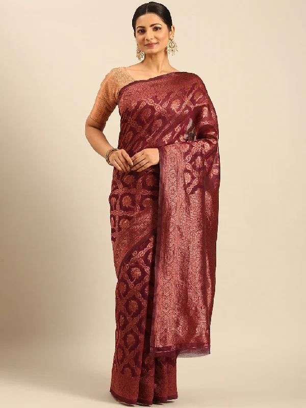 Women Wine Cotton Saree With Un Stitched Blouse Silky Tunic Blouse