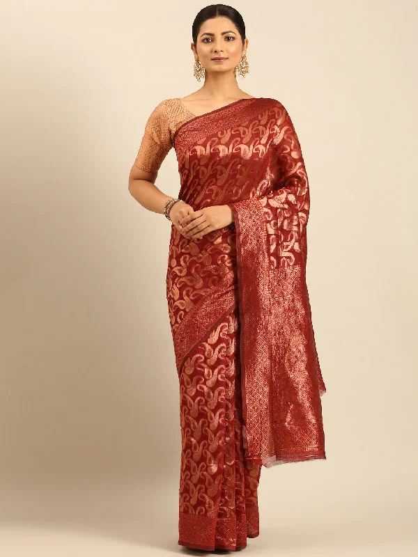 Women Maroon Cotton Saree With Un Stitched Blouse Off-Shoulder Wrap Blouse