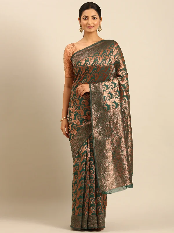 Women Green Cotton Saree With Un Stitched Blouse Satin Bow Blouse