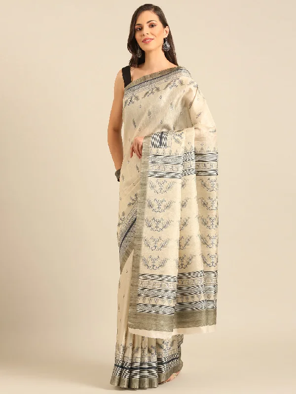 Women Cream Cotton Saree With Un Stitched Blouse Classic Minimalist Blouse