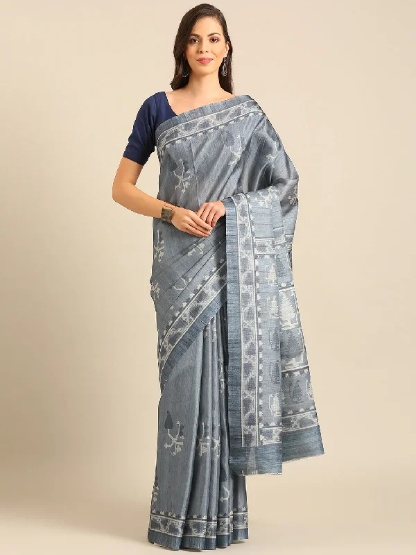 Women Grey Cotton Saree With Un Stitched Blouse Lightweight Floral Blouse