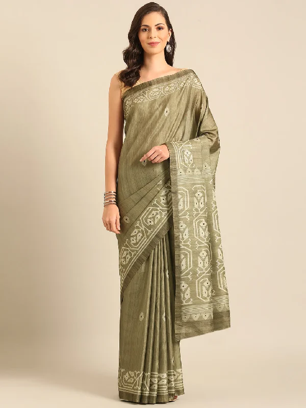 Women Olive Green Cotton Saree With Un Stitched Blouse Side Tie Blouse