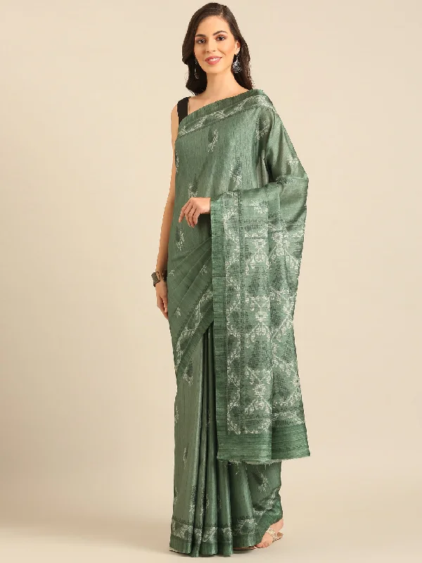 Women Green Cotton Saree With Un Stitched Blouse Ruched Sleeve Blouse