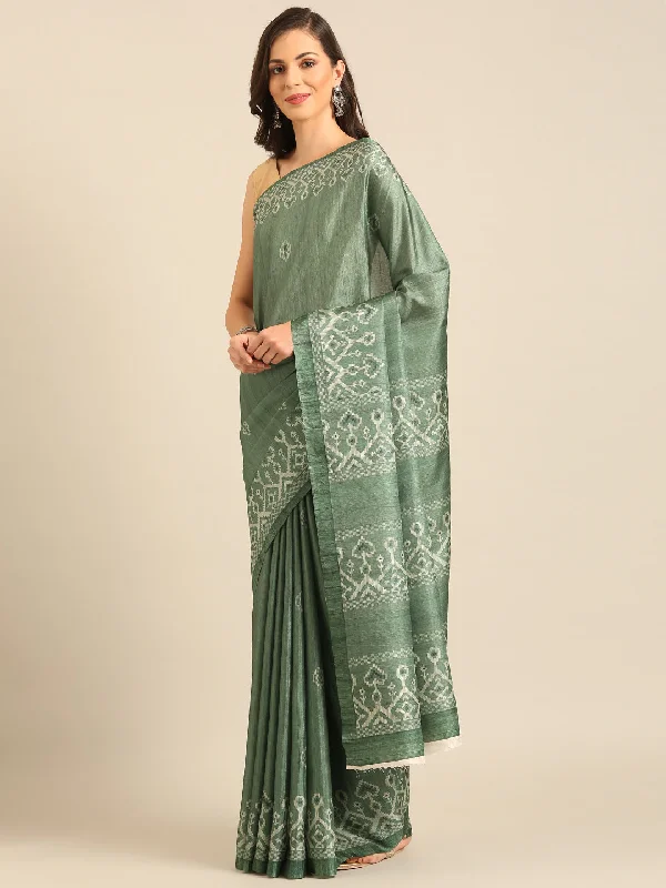 Women Green Cotton Saree With Un Stitched Blouse Loose Oversized Blouse