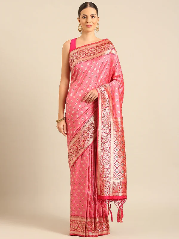 Women Light Pink Banarasi Silk Saree With Un Stitched Blouse Peter Pan Collar Blouse