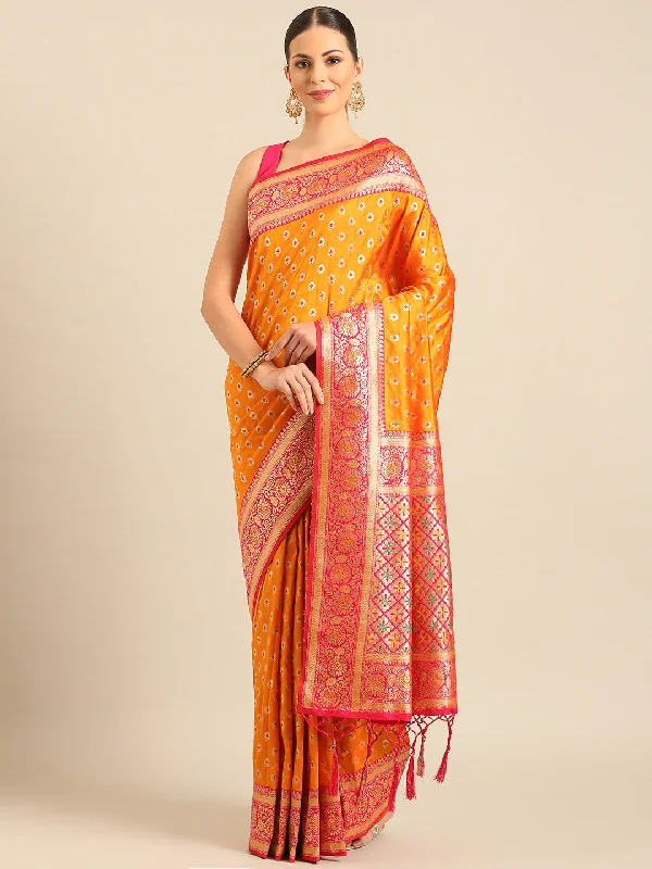 Women Mustard Banarasi Silk Saree With Un Stitched Blouse Satin Drape Blouse